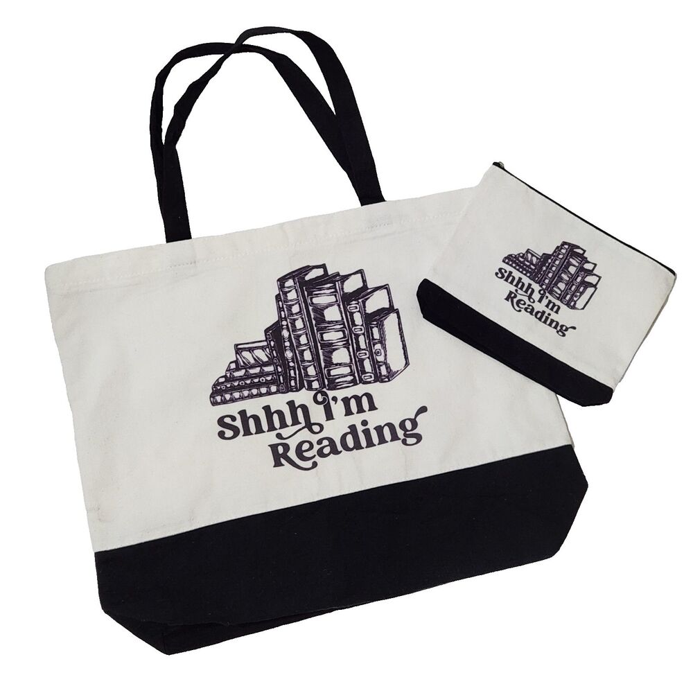 Shhh Im Reading Canvas Tote Bag & Pouch Set Zipper Book Lover Gift Bookworm 2pc